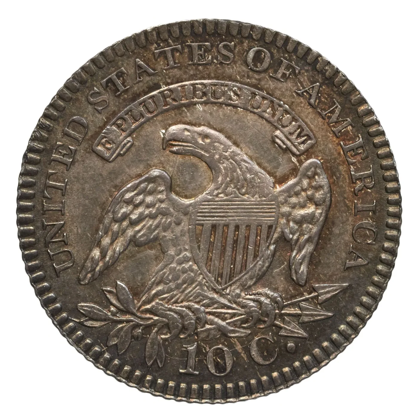 Reverse of an 1820 Large Size Capped Bust dime with 10 C. standing well clear of the eagle's tail