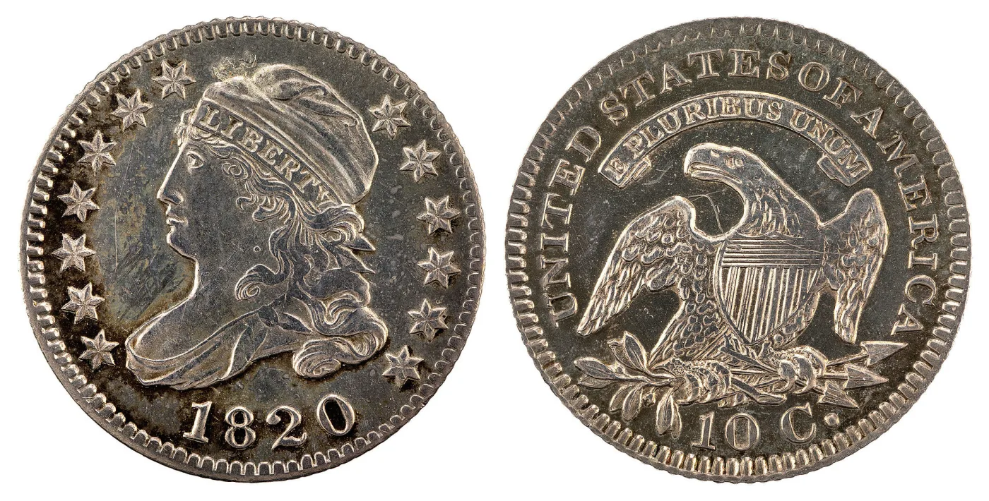 Obverse and reverse of an 1820 Capped Bust dime, showing Liberty in a cloth cap with a LIBERTY headband and the heraldic eagle reverse marked 10 C.