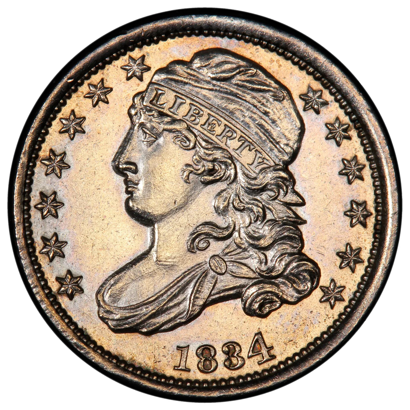 Obverse of an 1834 Capped Bust dime enlarged, showing the Large 4 date punch and the spacing of the individual date digits