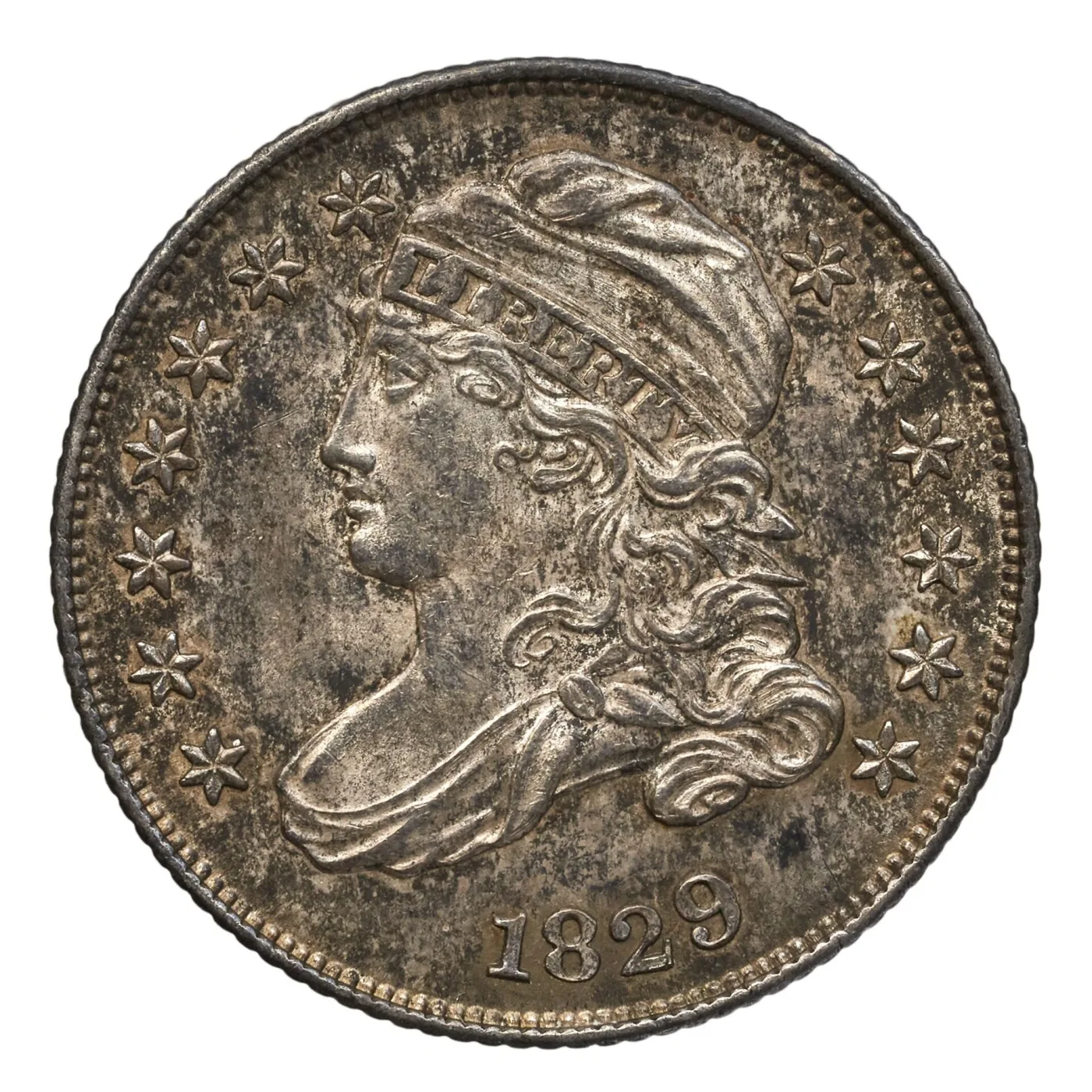 Obverse of an 1829 Small Size Capped Bust dime, the design pulled in from a sharp uniform rim