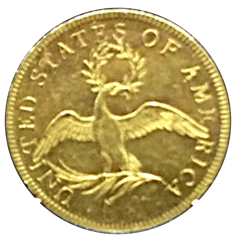 Small Eagle reverse of an early US eagle: a slender bird with spread wings standing on a palm branch, holding an open wreath in its beak, UNITED STATES OF AMERICA around the rim