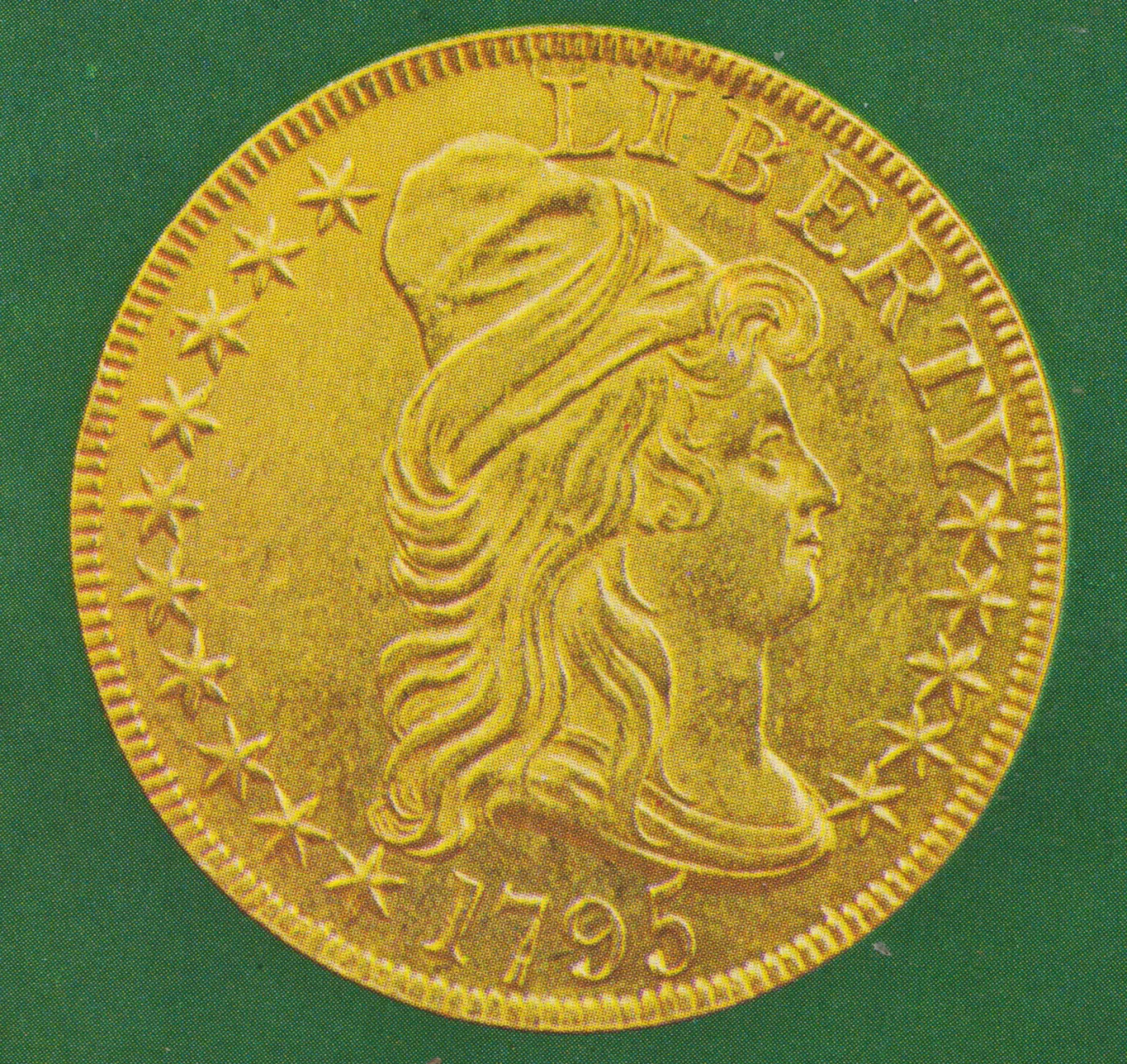 Obverse of a gold eagle dated 1795, Liberty facing right in a tall soft cap with stars around the portrait and the date below