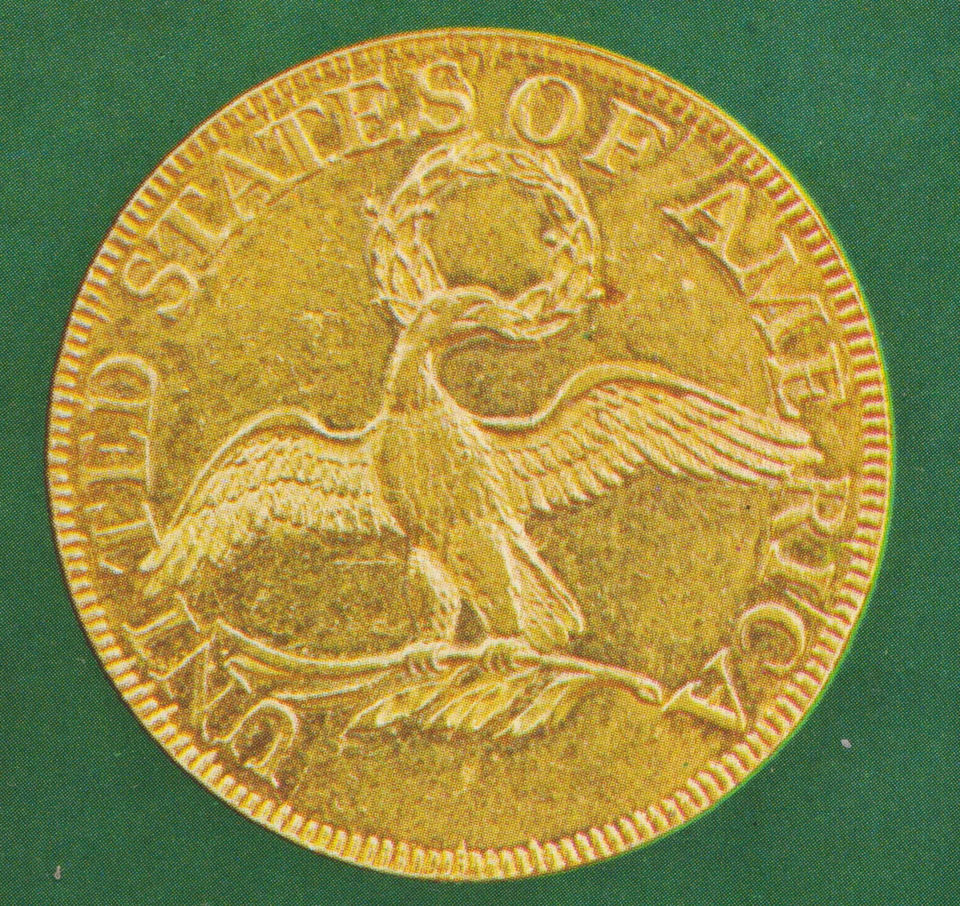 Small Eagle reverse of the same 1795 coin, the bird on a palm branch with a wreath in its beak, photographed on the same green cloth