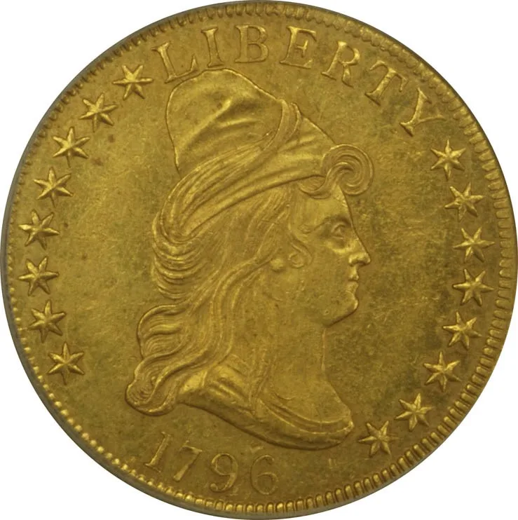 Obverse of a gold eagle dated 1796 with sixteen stars arranged eight to the left and eight to the right of Liberty's capped bust