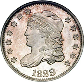 Obverse of an 1829 Capped Bust half dime, the first year of the series, with LIBERTY on the cap band and the date 1829 below the bust