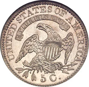 Reverse of an 1829 Capped Bust half dime showing the spread eagle and the denomination 5 C. with no mint mark anywhere on the face
