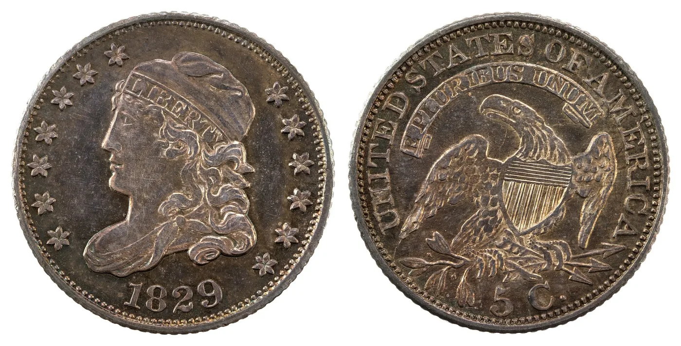 Obverse and reverse of an 1829 Capped Bust half dime, the obverse showing Liberty facing left in a cloth cap lettered LIBERTY and the reverse a spread eagle above the denomination 5 C.