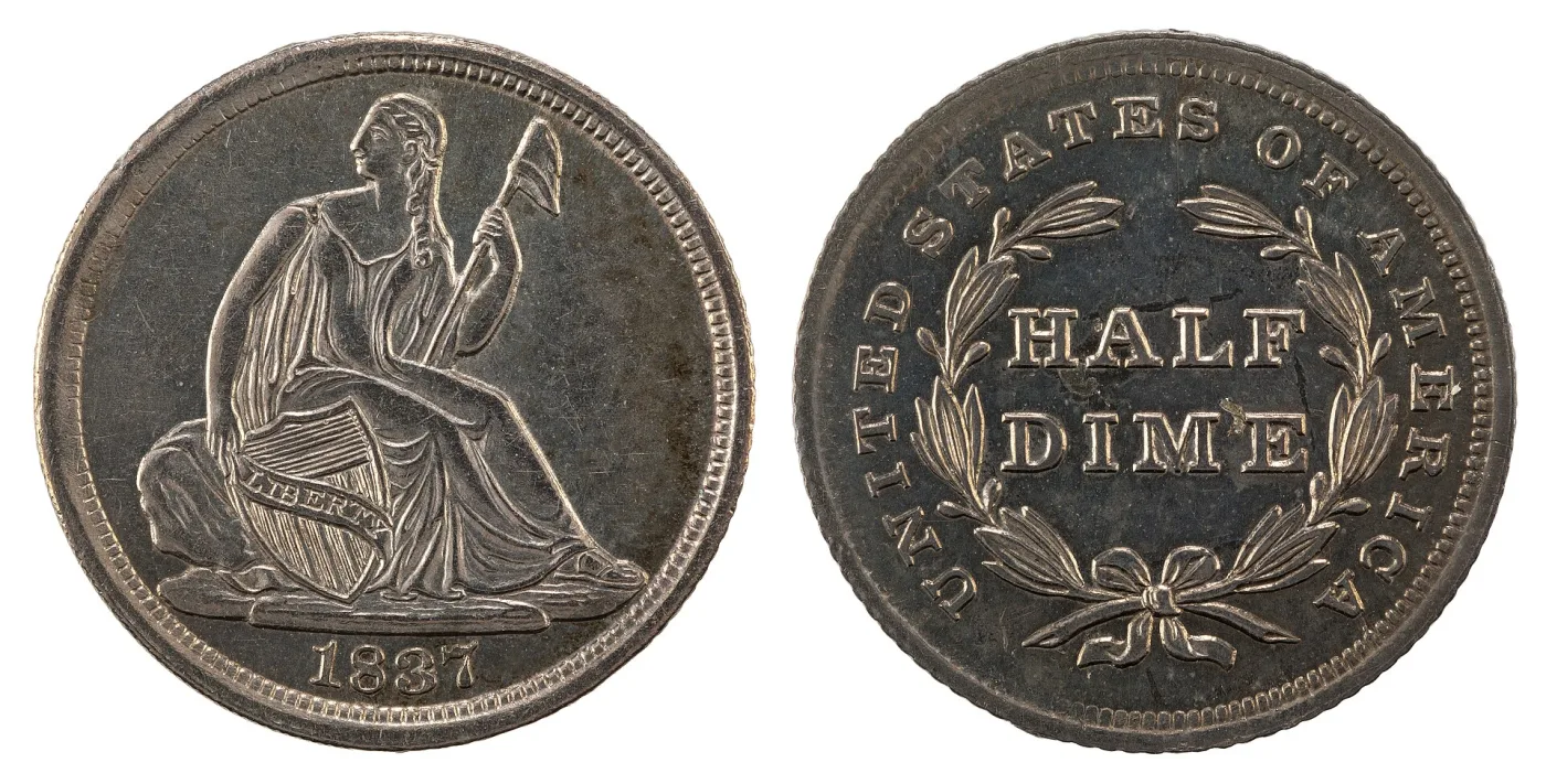 Obverse and reverse of an 1837 Seated Liberty half dime of the No Stars type, showing Liberty seated with a shield and pole and HALF DIME spelled out inside a wreath
