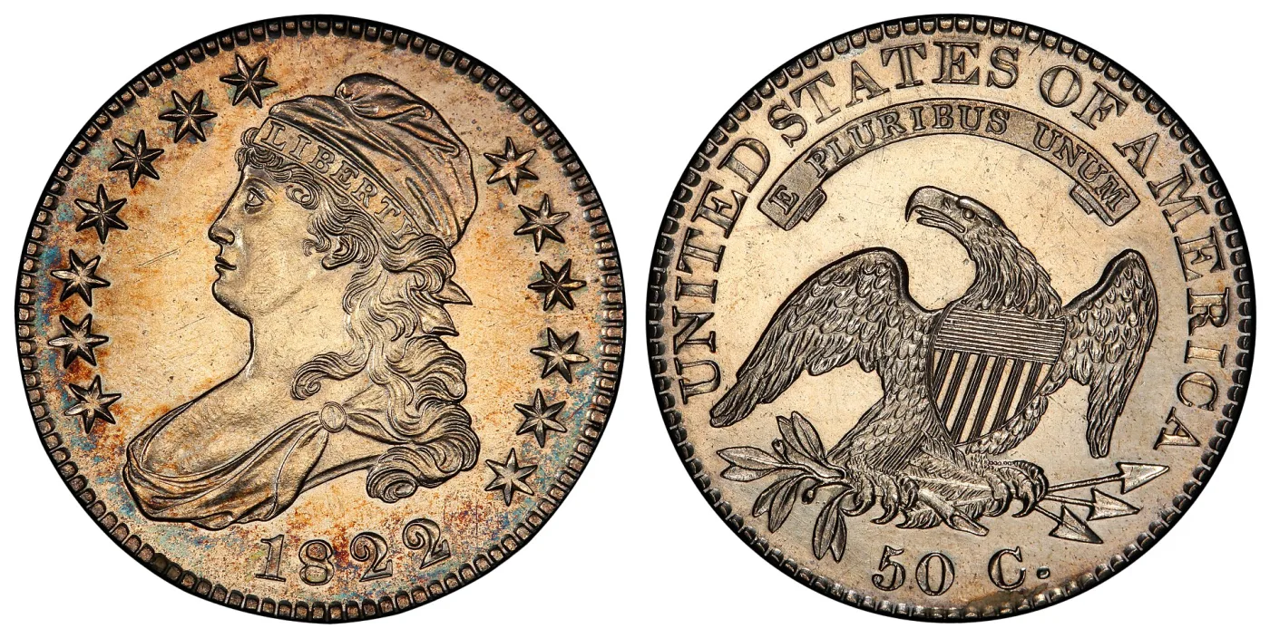 Obverse and reverse of an 1822 Capped Bust half dollar, showing Liberty facing left in a cloth cap banded LIBERTY and the heraldic eagle reverse denominated 50 C.