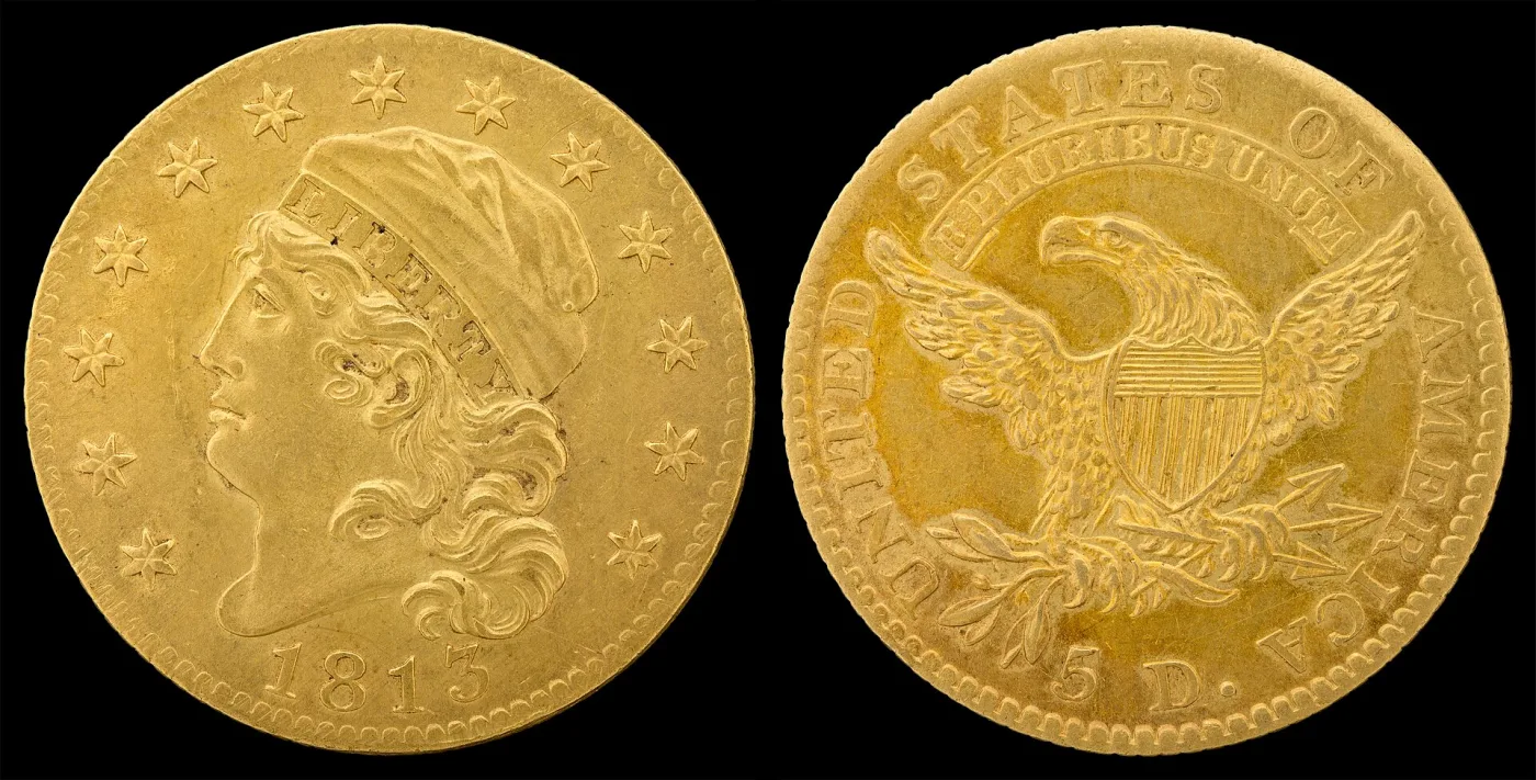 Obverse and reverse of an 1813 half eagle, the date below the truncated bust between the lowest stars, and 5 D. below the eagle