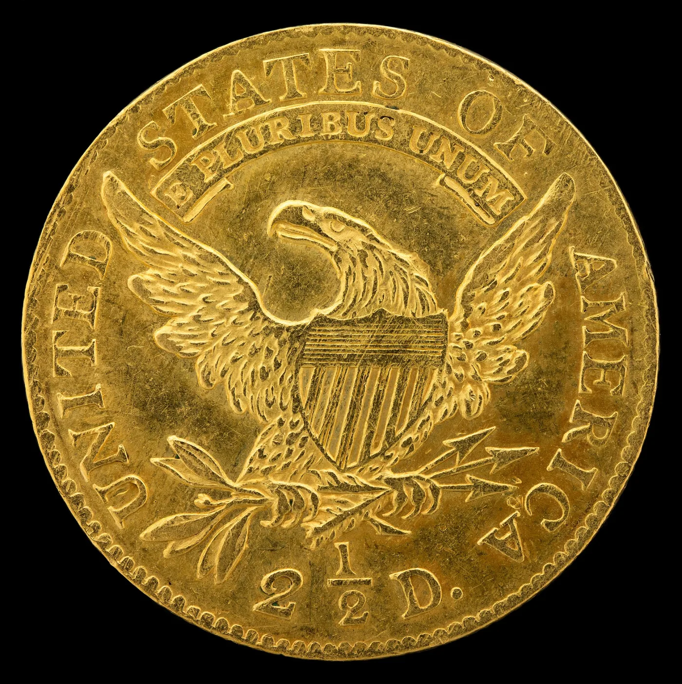 Reverse of an 1808 quarter eagle showing a heraldic eagle with a federal shield, E PLURIBUS UNUM on a scroll above, an olive branch on the left and arrows on the right, and 2 and a half D. at the bottom