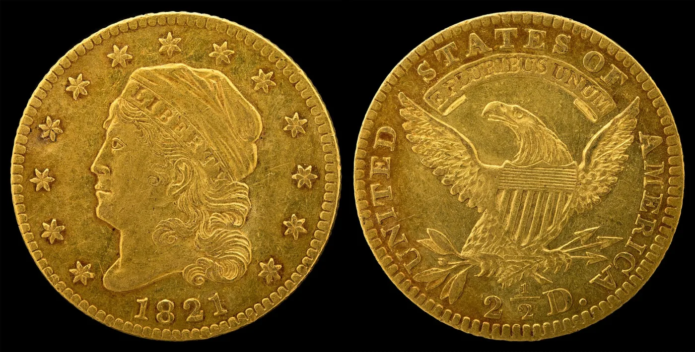Obverse and reverse of an 1821 quarter eagle, Reich's Capped Head Liberty facing left ringed by stars, and a heraldic eagle reverse reading 2 and a half D.