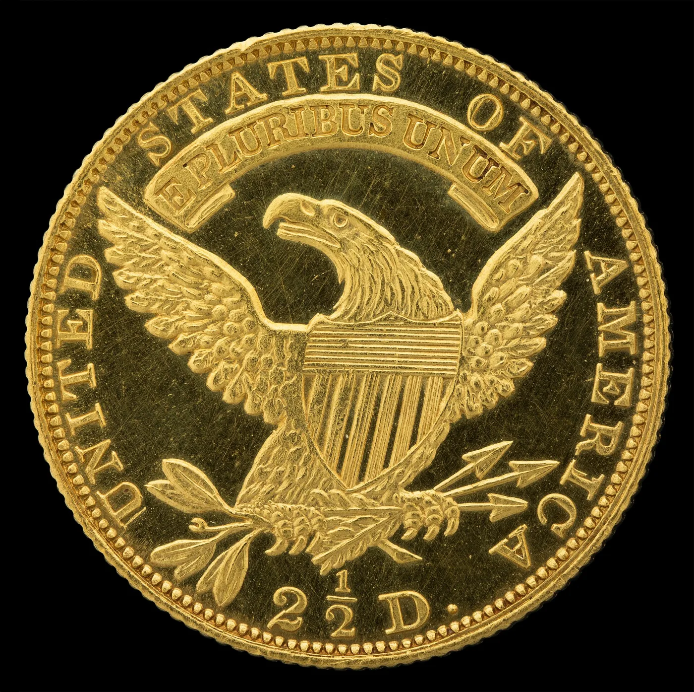 Reverse of an 1834 quarter eagle showing a heraldic eagle with a federal shield, E PLURIBUS UNUM on a scroll above the eagle, an olive branch on the left and arrows on the right, and 2 and a half D. below