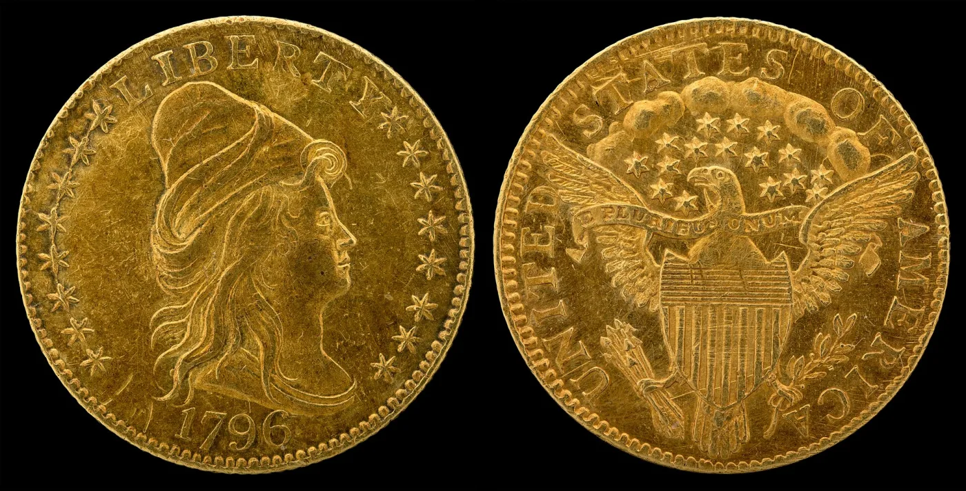 Obverse and reverse of an 1796 quarter eagle with stars, showing Liberty in a soft cap facing right and a heraldic eagle with a federal shield on the reverse