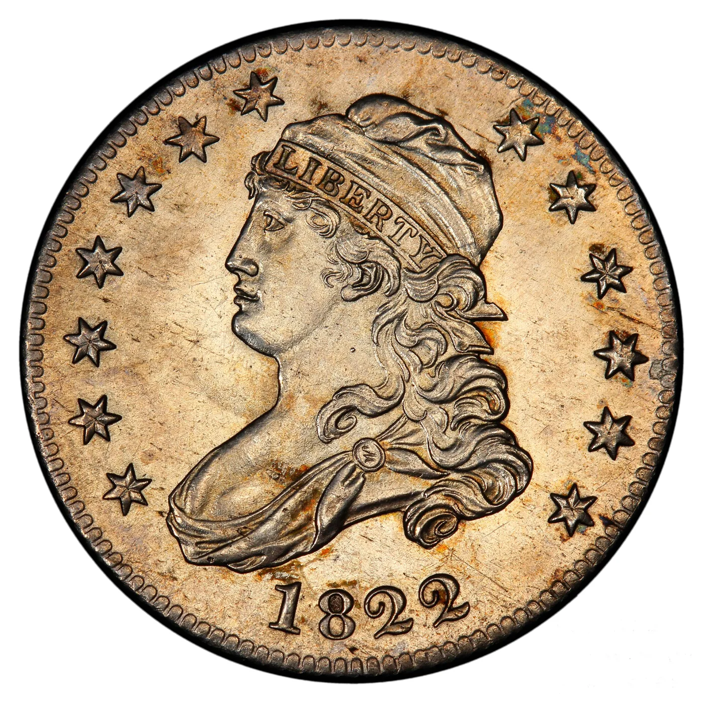 Obverse of an 1822 proof Capped Bust quarter, Liberty facing left in a cloth cap lettered LIBERTY, seven stars to the left and six to the right, with 1822 below the bust
