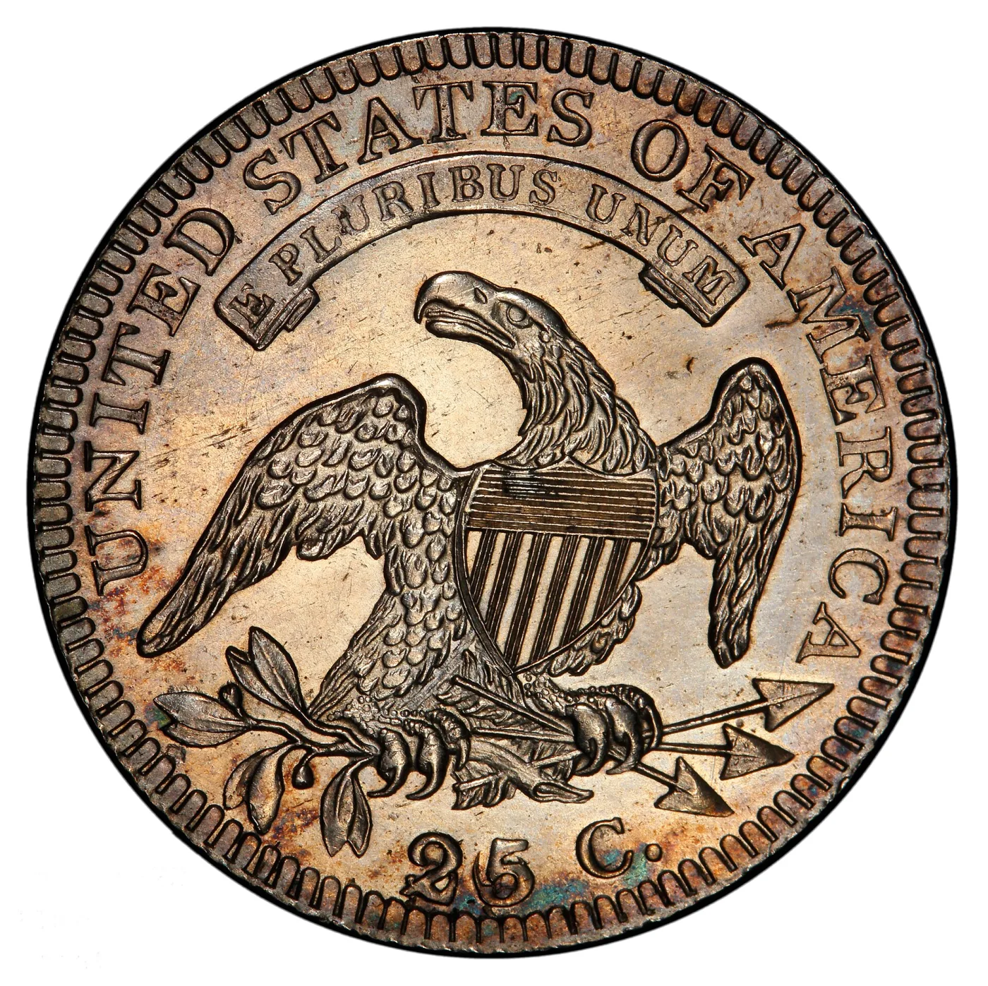 Reverse of an 1822 proof Capped Bust quarter showing the 25 over 50 C. blunder, with an extra stroke at the foot of the 2 and a round outline showing through the 5