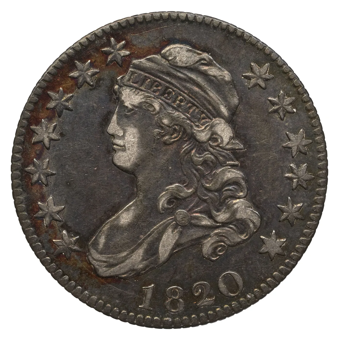 Obverse of an 1820 Capped Bust quarter showing Liberty facing left in a soft cap with LIBERTY on the band, curls falling to the shoulder, thirteen stars around the field and the date below