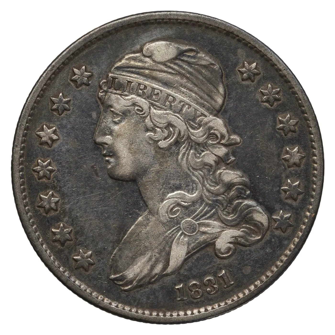 Obverse of an 1831 Capped Bust quarter with sharp rim beads and 1831 clear below the bust