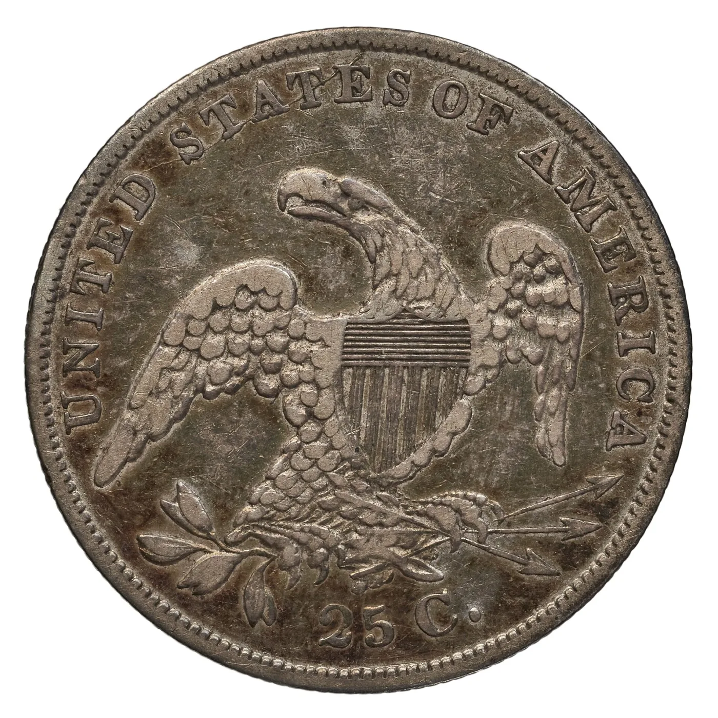 Reverse of an 1837 Capped Bust quarter, the eagle and shield unchanged but the field above the eagle's head empty with no motto scroll, and 25 C. below