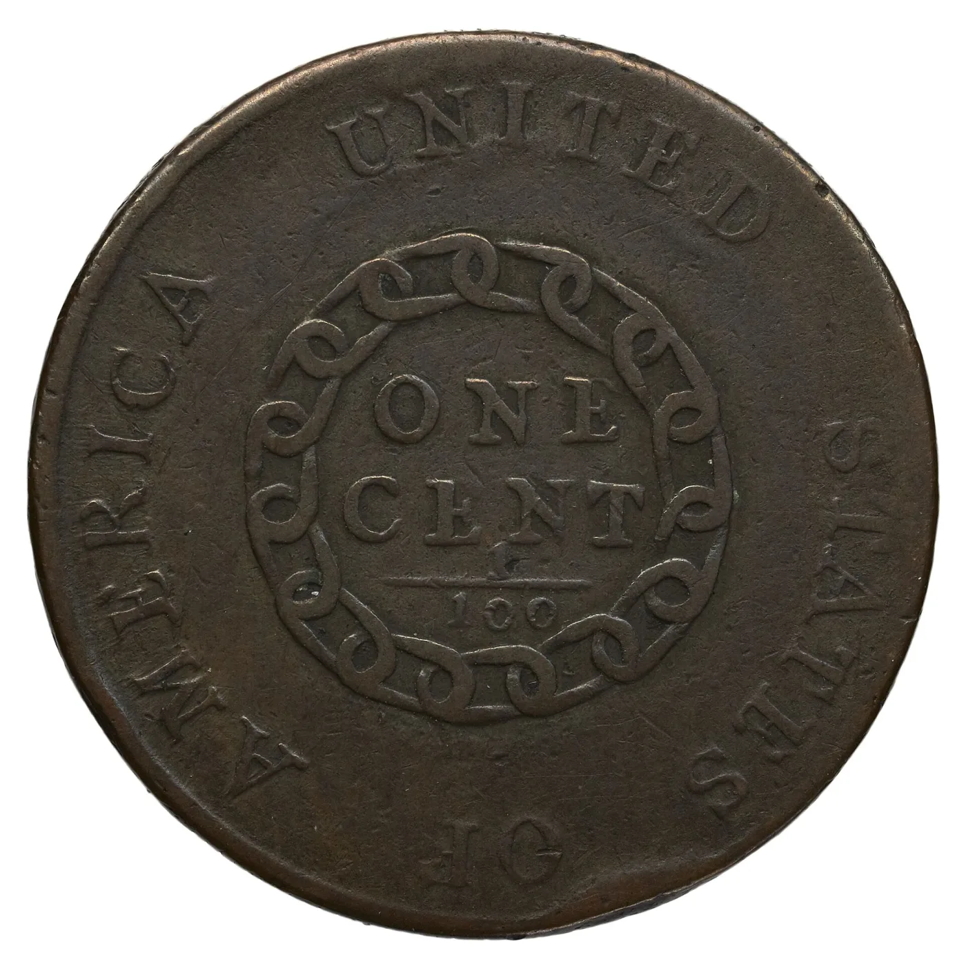 Reverse of a 1793 Chain cent with the legend spelled out in full as UNITED STATES OF AMERICA