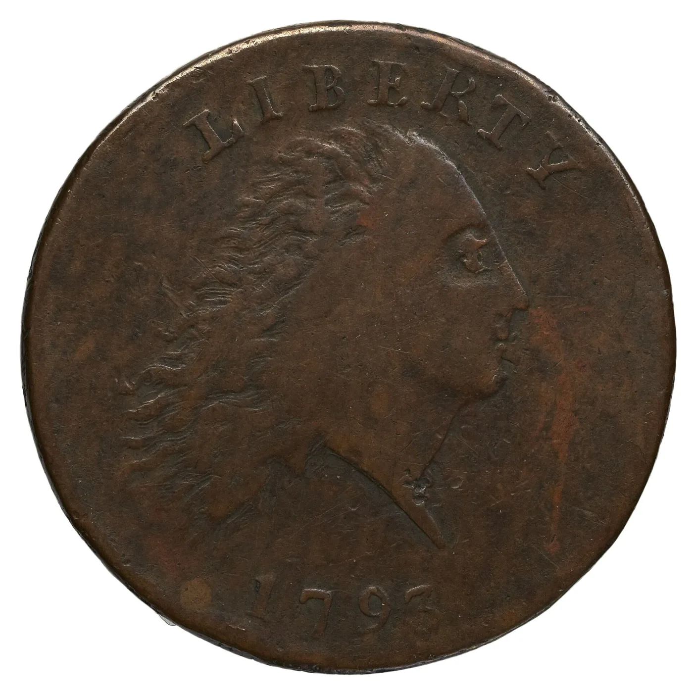 Obverse of a circulated 1793 Chain cent with the hair detail flattened and merged but LIBERTY and the date still legible