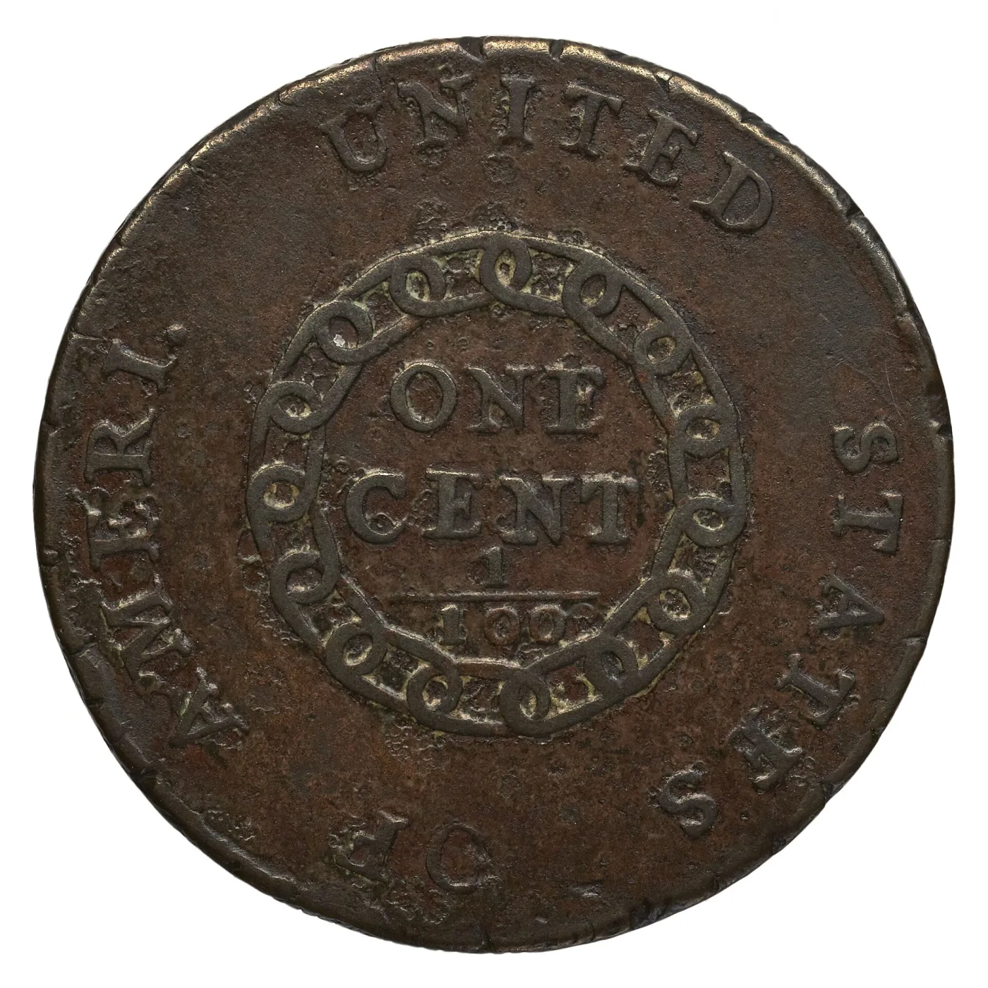 Reverse of a 1793 Chain cent with the legend abbreviated to UNITED STATES OF AMERI. followed by a period