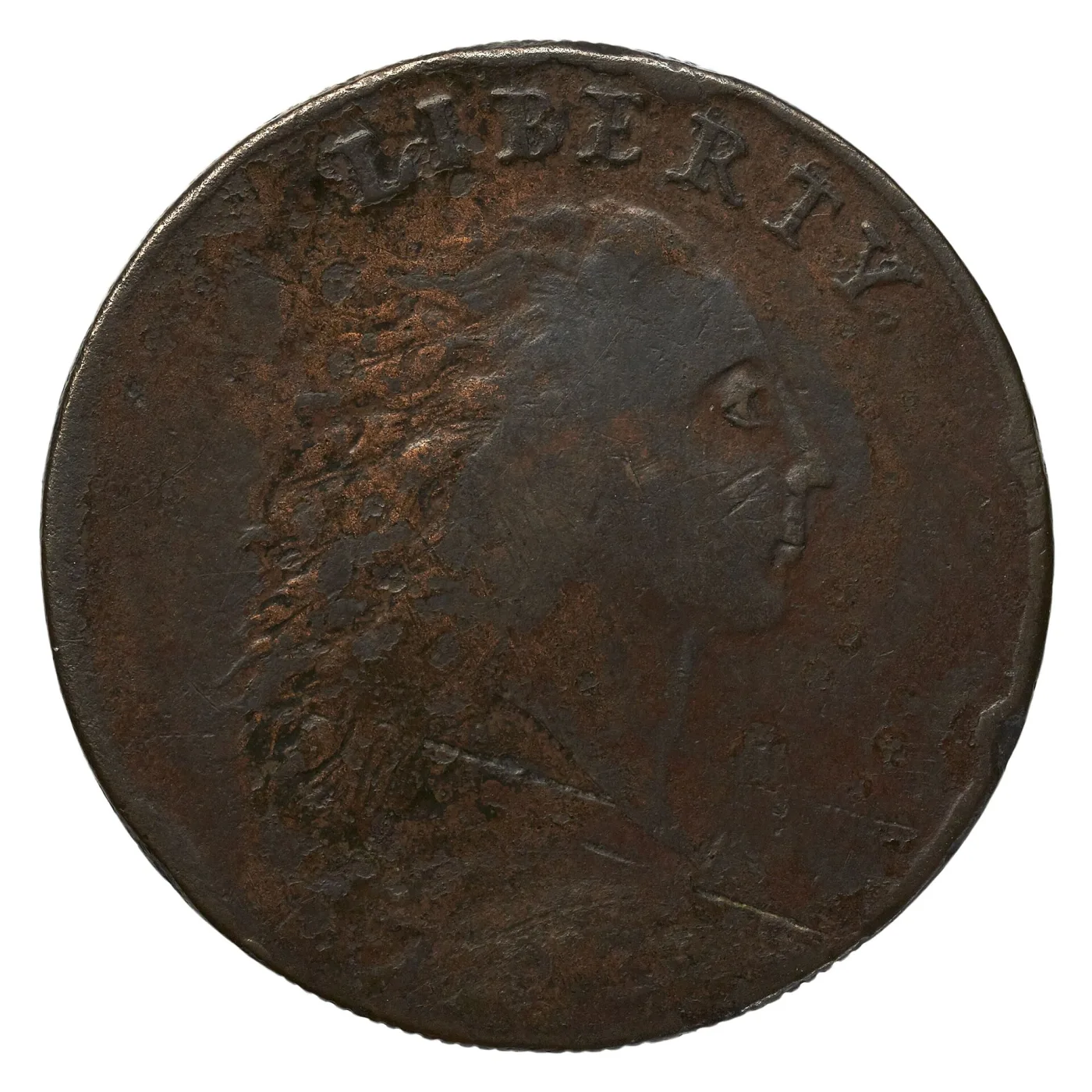 Obverse of a 1793 Chain cent with rough, granular, porous copper surfaces spreading across the fields and the portrait