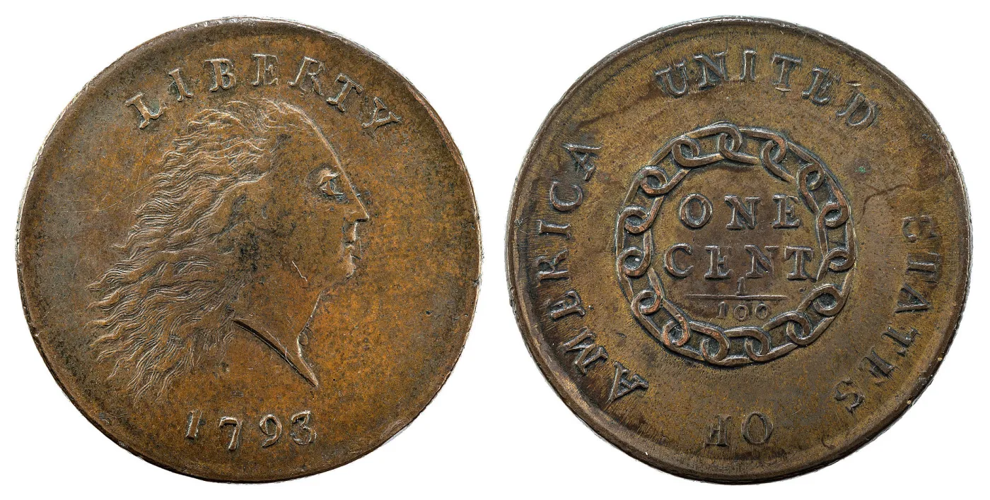 Obverse and reverse of a 1793 Chain cent, showing Flowing Hair Liberty facing right and the circle of chain links enclosing ONE CENT