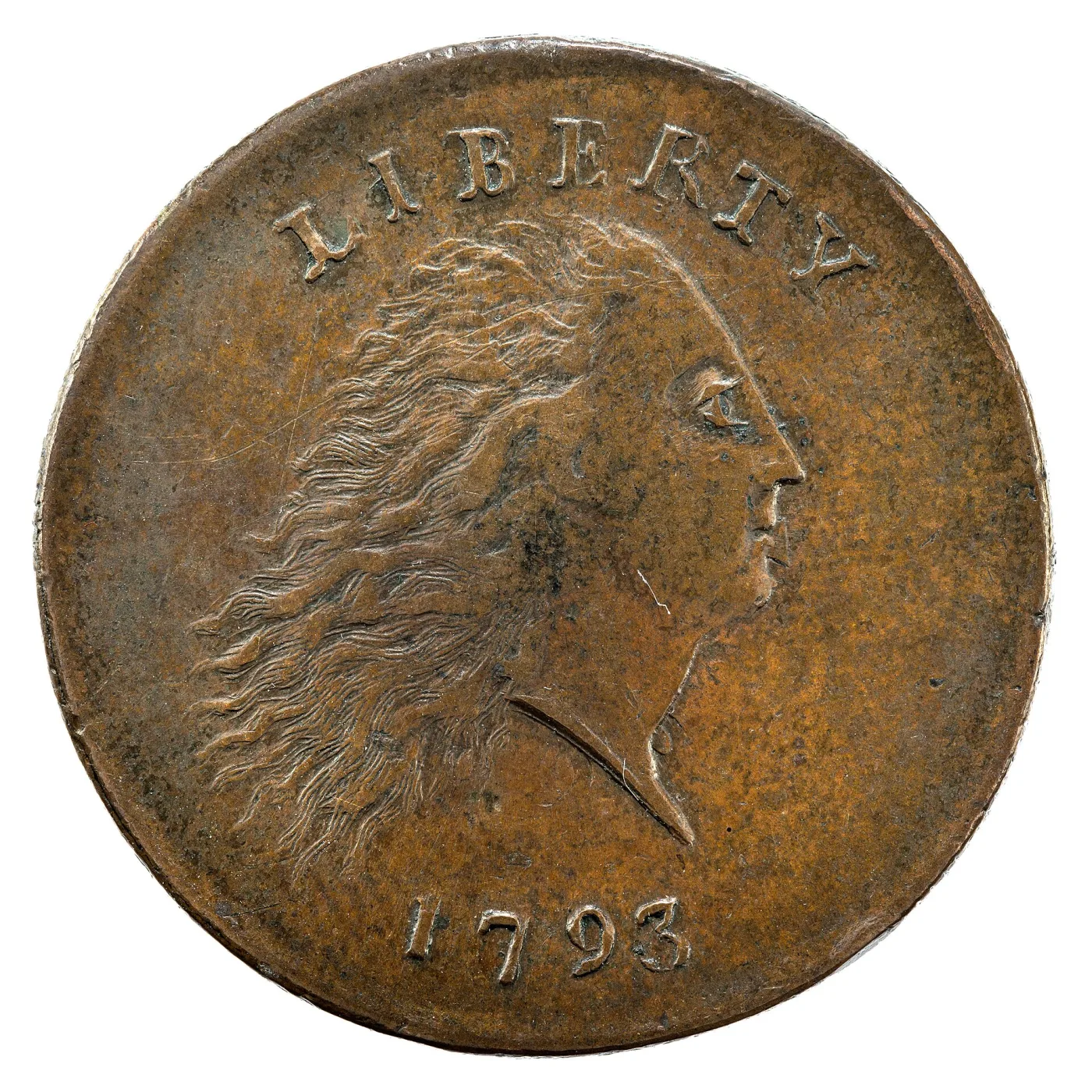 Obverse of a 1793 Chain cent showing Flowing Hair Liberty facing right, LIBERTY curved above the head and the date 1793 below, with no stars in the field