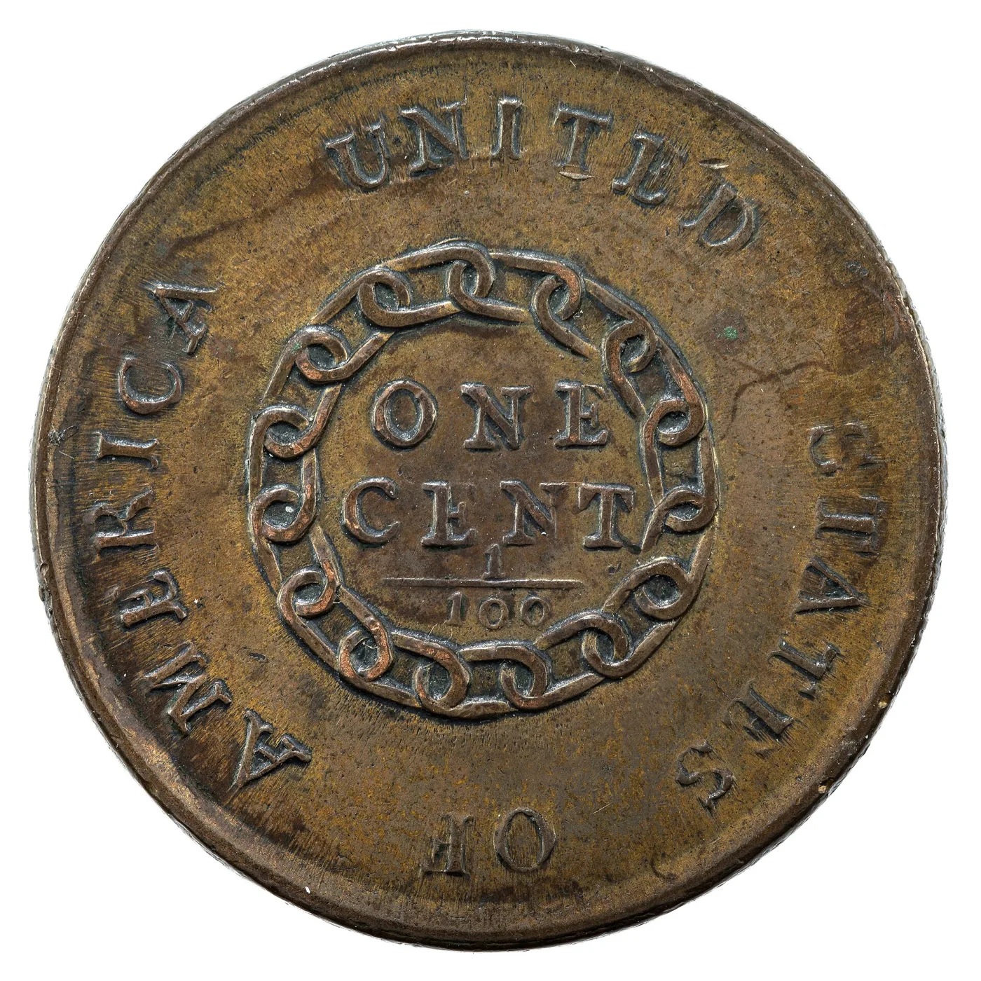 Reverse of a 1793 Chain cent showing interlinked oval chain links encircling ONE CENT and the fraction 1/100, with UNITED STATES OF AMERICA around the rim