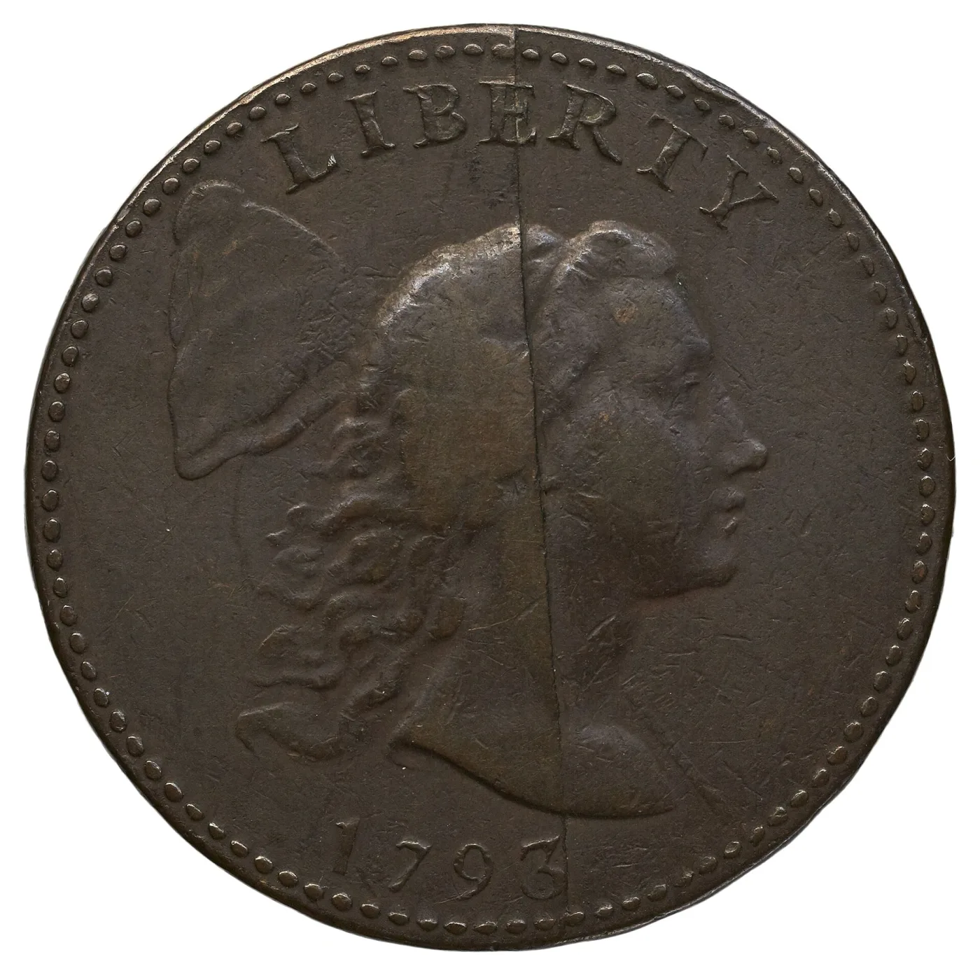 Obverse of a 1793 Liberty Cap cent showing Liberty facing right with a cap on a pole behind her head, inside a beaded border