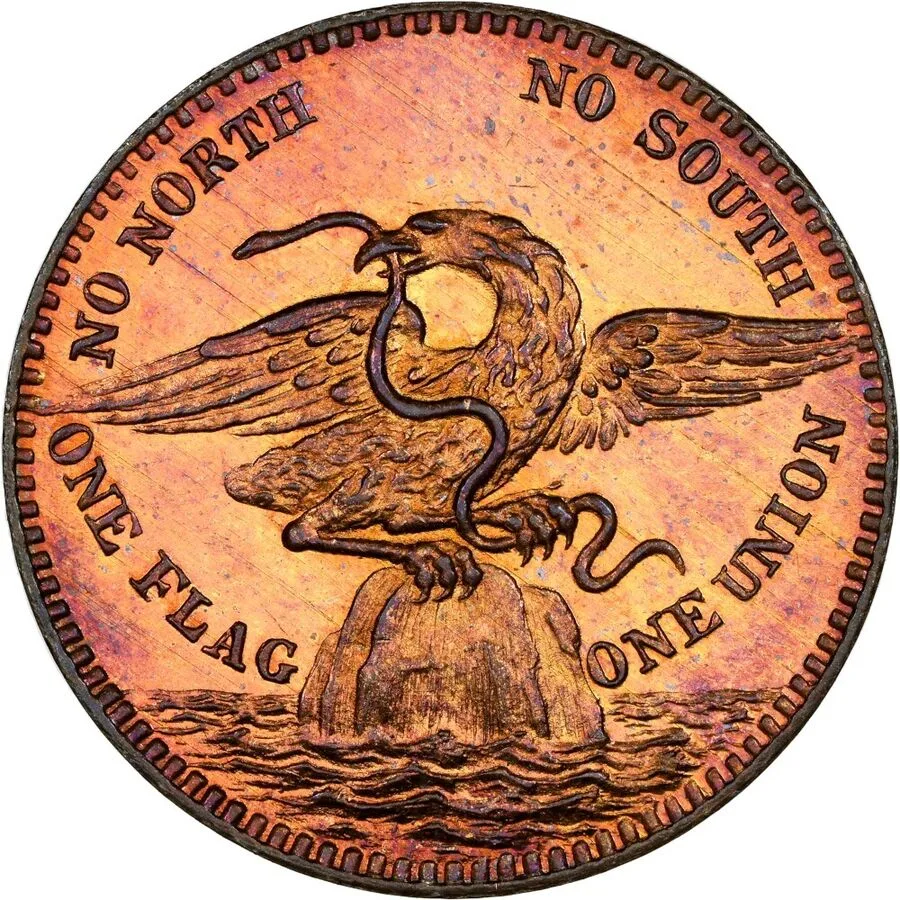 A bright red-orange copper Civil War token showing an eagle holding a snake on a rock in water, with NO NORTH NO SOUTH and ONE FLAG ONE UNION