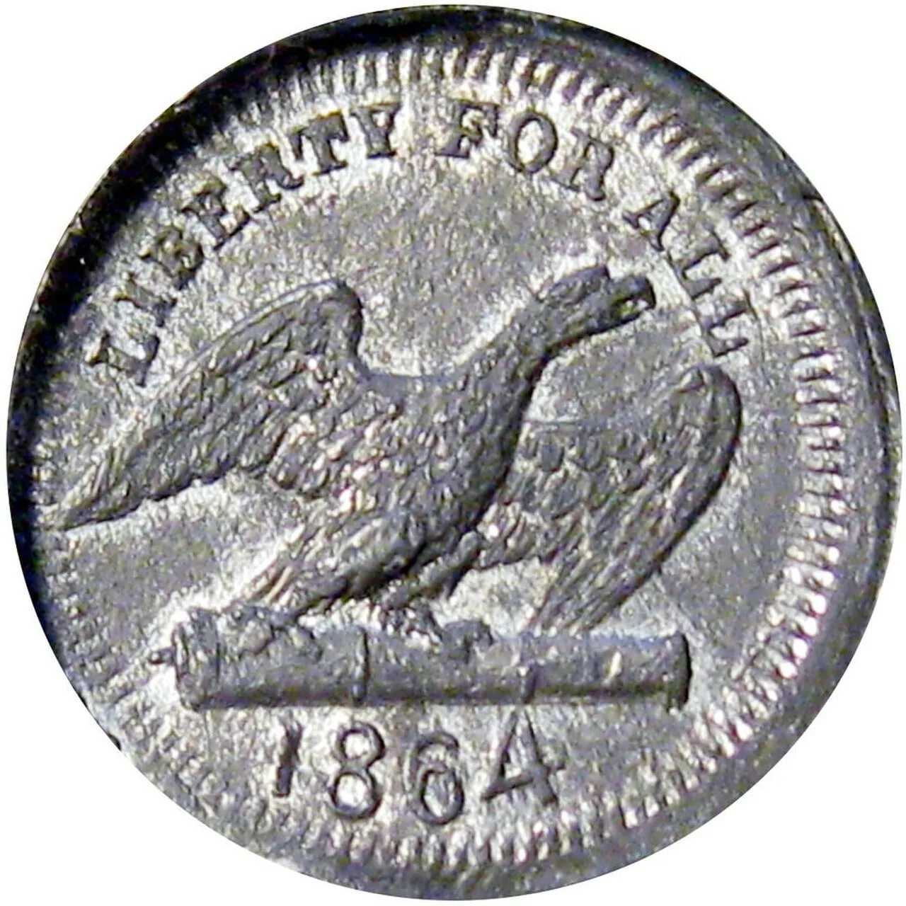 The other side of the same token: an eagle standing on a cannon under LIBERTY FOR ALL, dated 1864