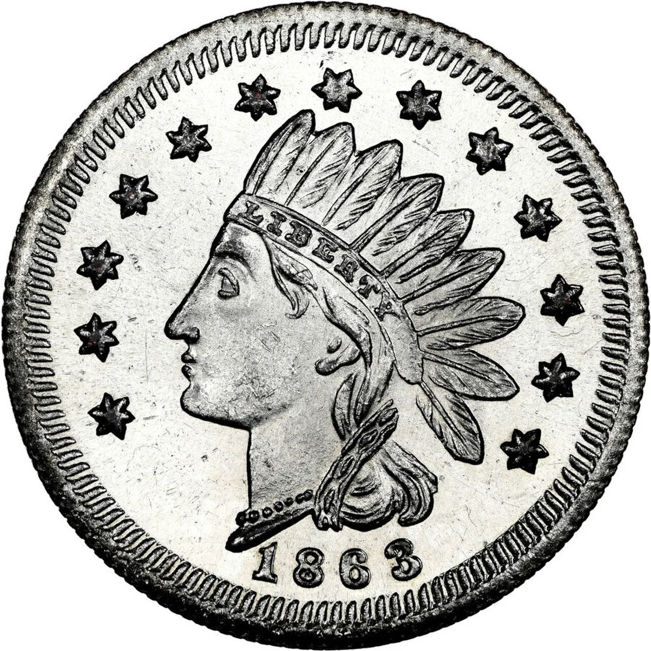 A silver-coloured Civil War token with an Indian head design surrounded by thirteen stars and dated 1863