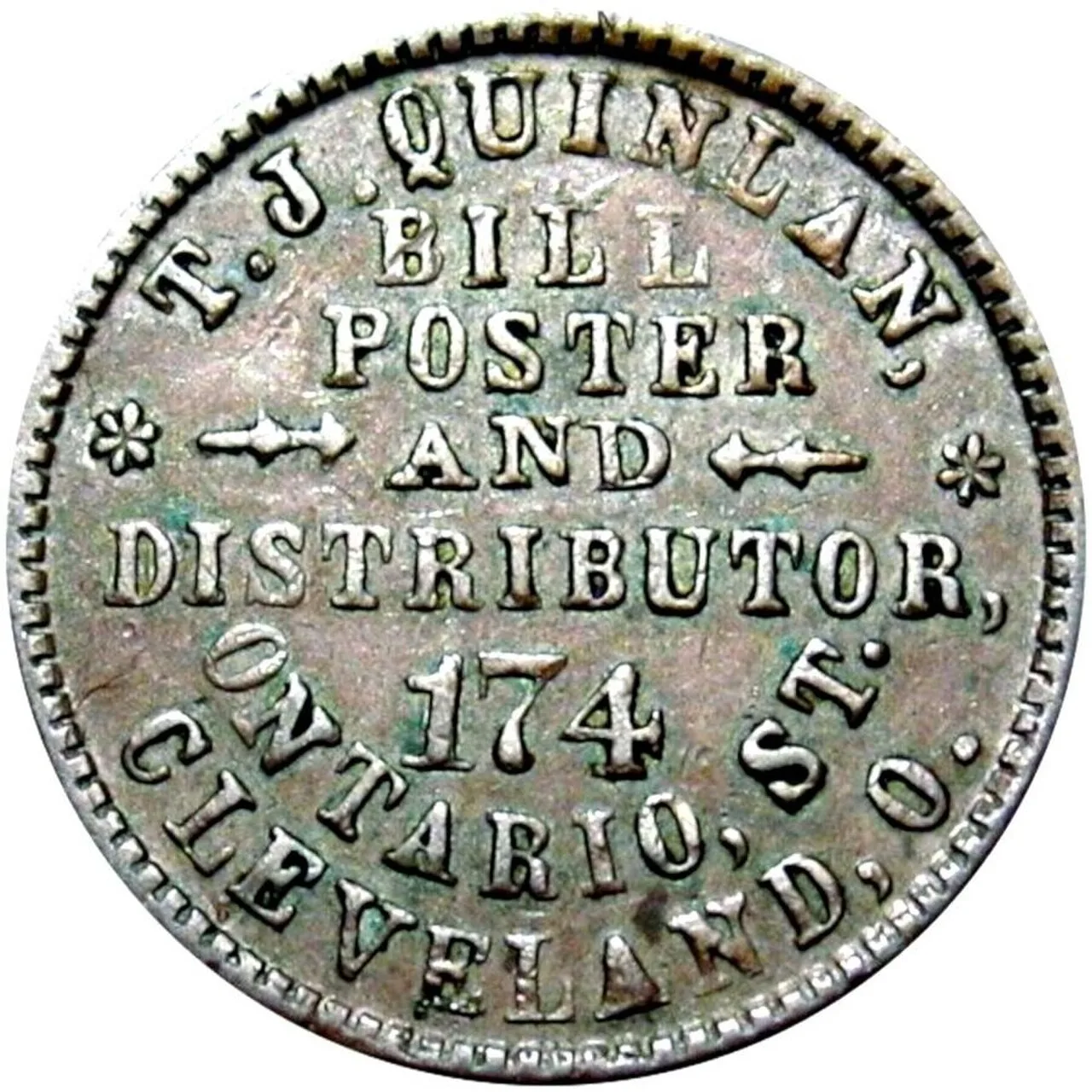 A Civil War store card reading T. J. QUINLAN, BILL POSTER AND DISTRIBUTOR, 174 ONTARIO ST., CLEVELAND, O.