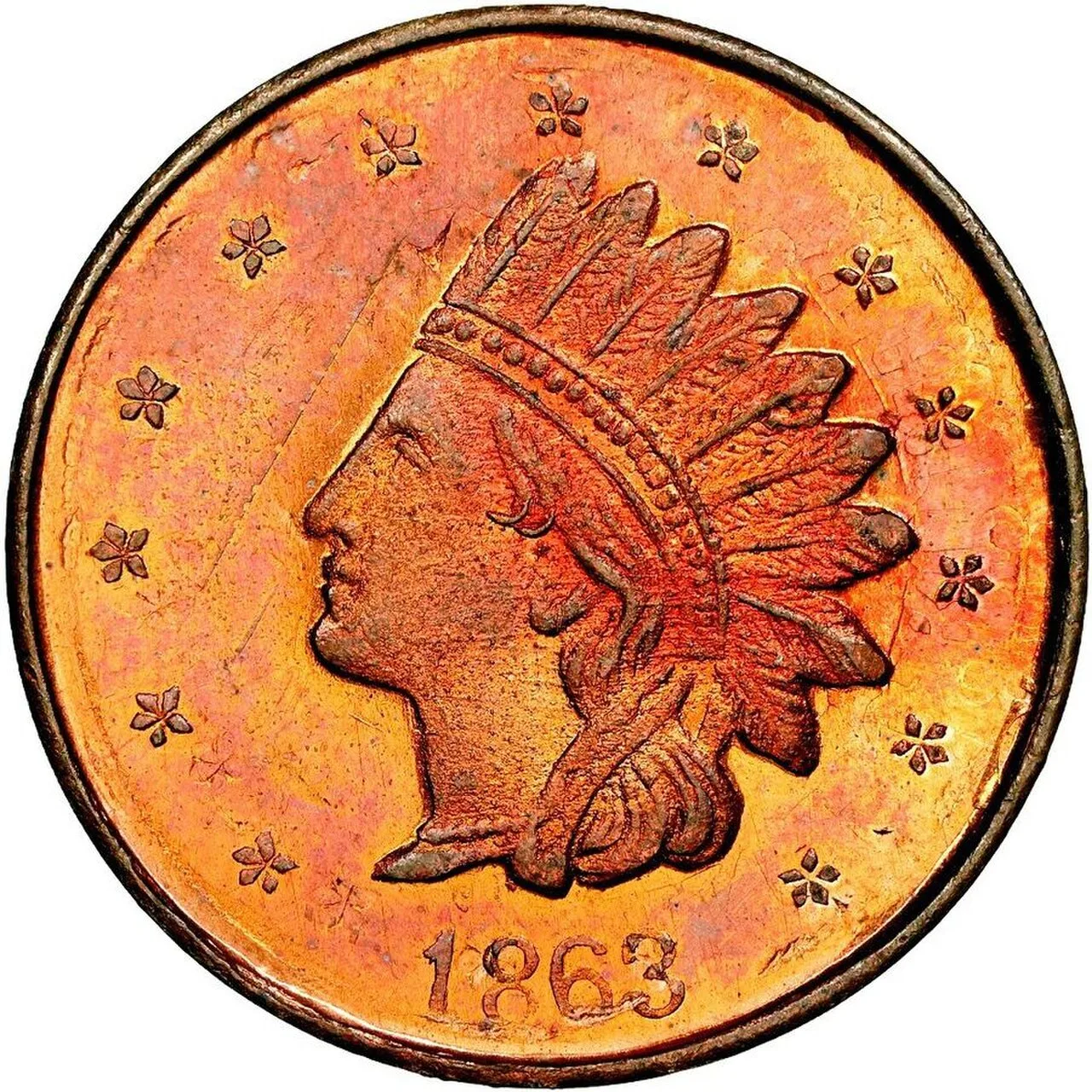 A copper-red Civil War token with an Indian head design surrounded by stars and dated 1863