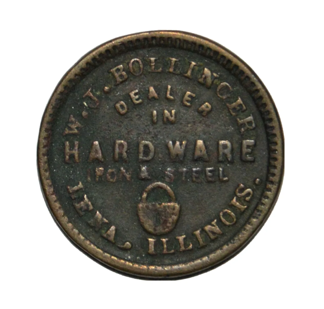 A dark, worn Civil War store card reading W. J. BOLLINGER, DEALER IN HARDWARE, IRON & STEEL, LENA, ILLINOIS, with a padlock below