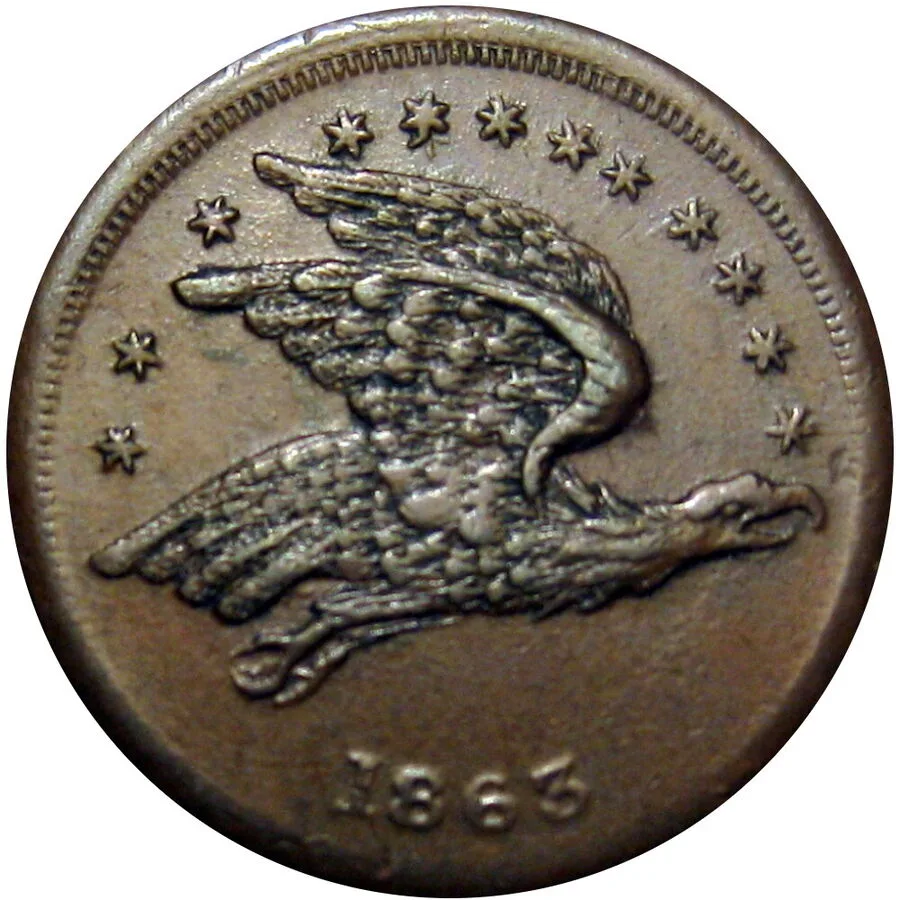 Flying eagle stock die dated 1863 on a Cincinnati Civil War store card, copied from the Flying Eagle cent design
