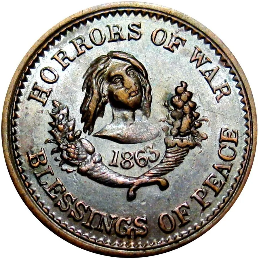 Patriotic Civil War token dated 1863 reading HORRORS OF WAR and BLESSINGS OF PEACE around a mourning female bust between a broken sword and a cornucopia