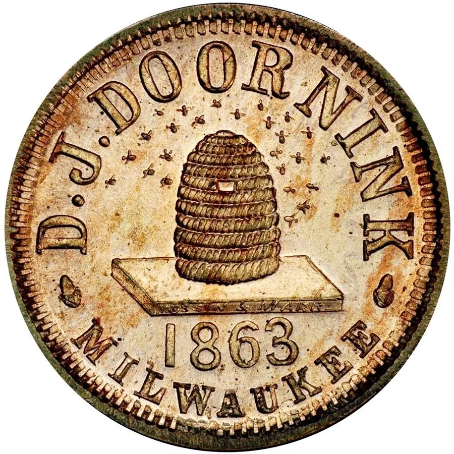 Civil War store card of D. J. Doornink of Milwaukee dated 1863, with a straw beehive and bees as its central device