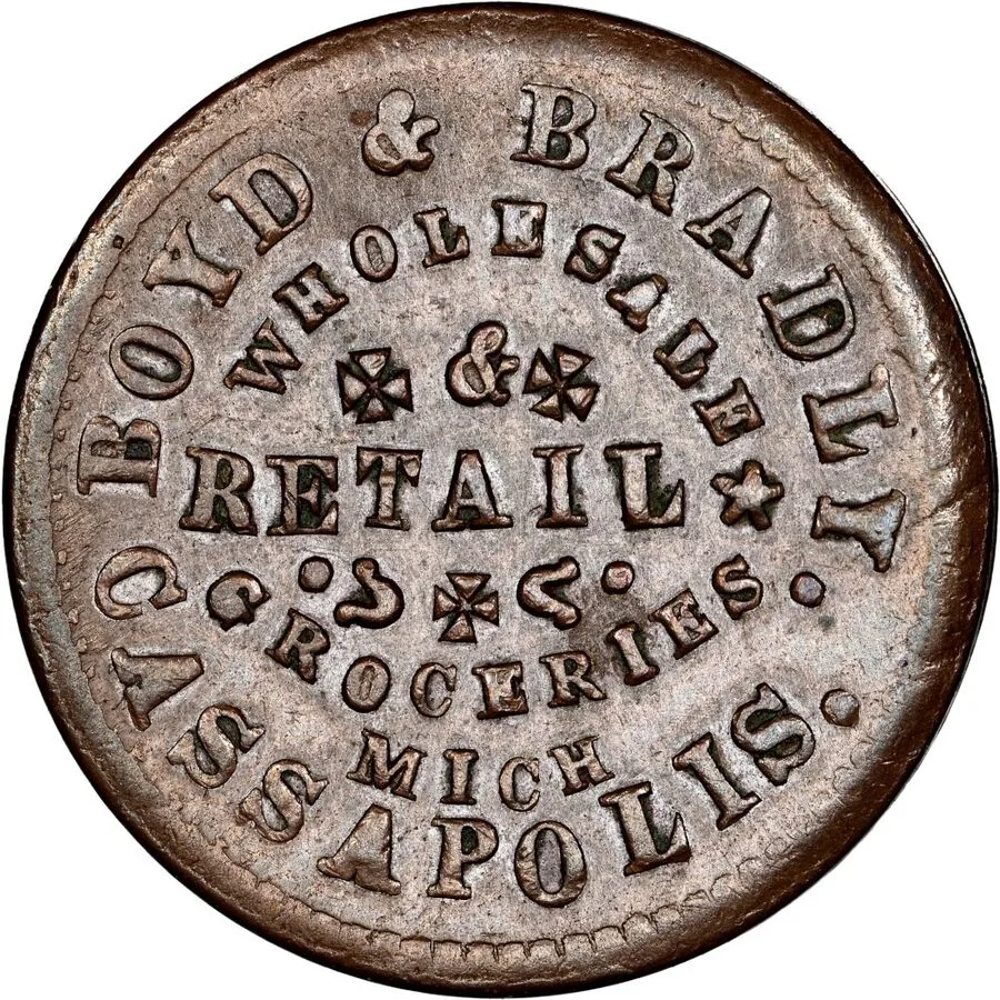 Civil War store card of Boyd and Bradly, wholesale and retail groceries, Cassapolis, Michigan, an all-lettering token with no pictorial device