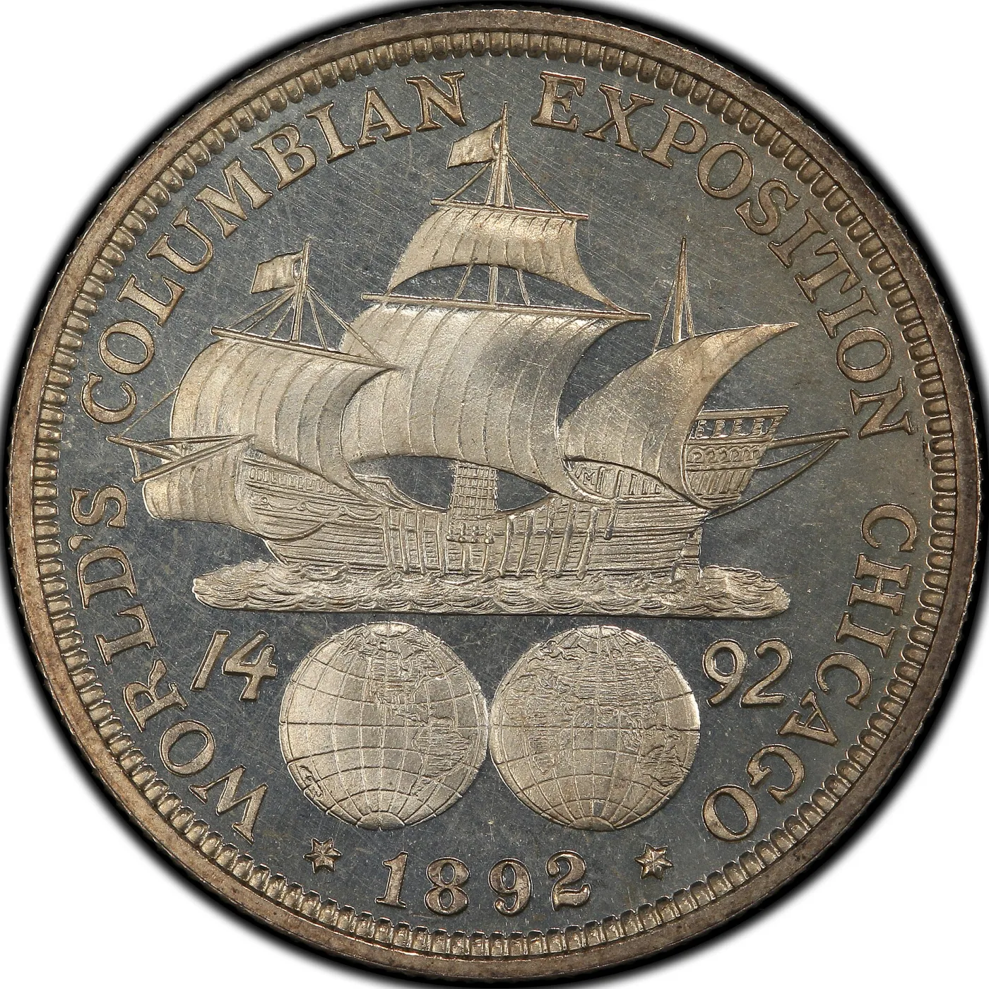 Reverse of an 1892 Columbian half dollar showing the ship Santa Maria above two hemispheres with 14 and 92 flanking them