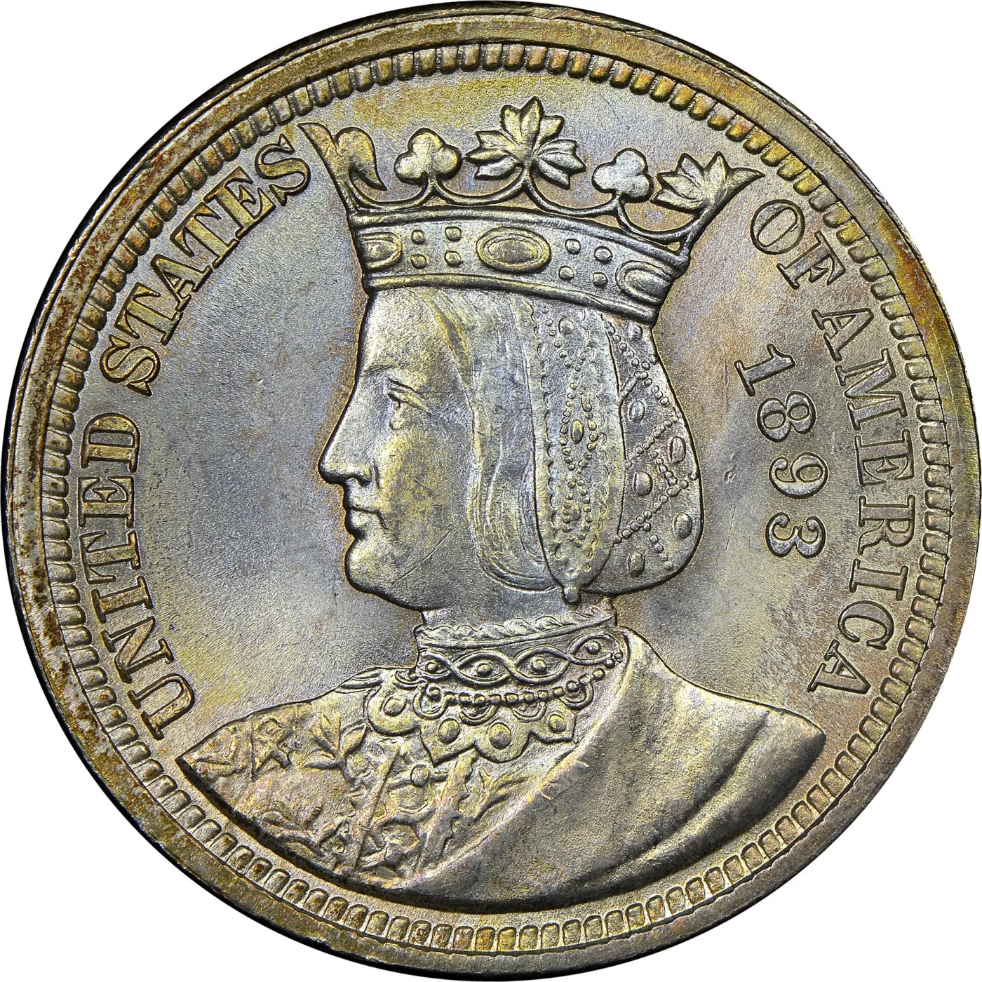 Obverse of an 1893 Isabella quarter showing a crowned bust of Queen Isabella of Spain facing left, with UNITED STATES OF AMERICA and the date 1893