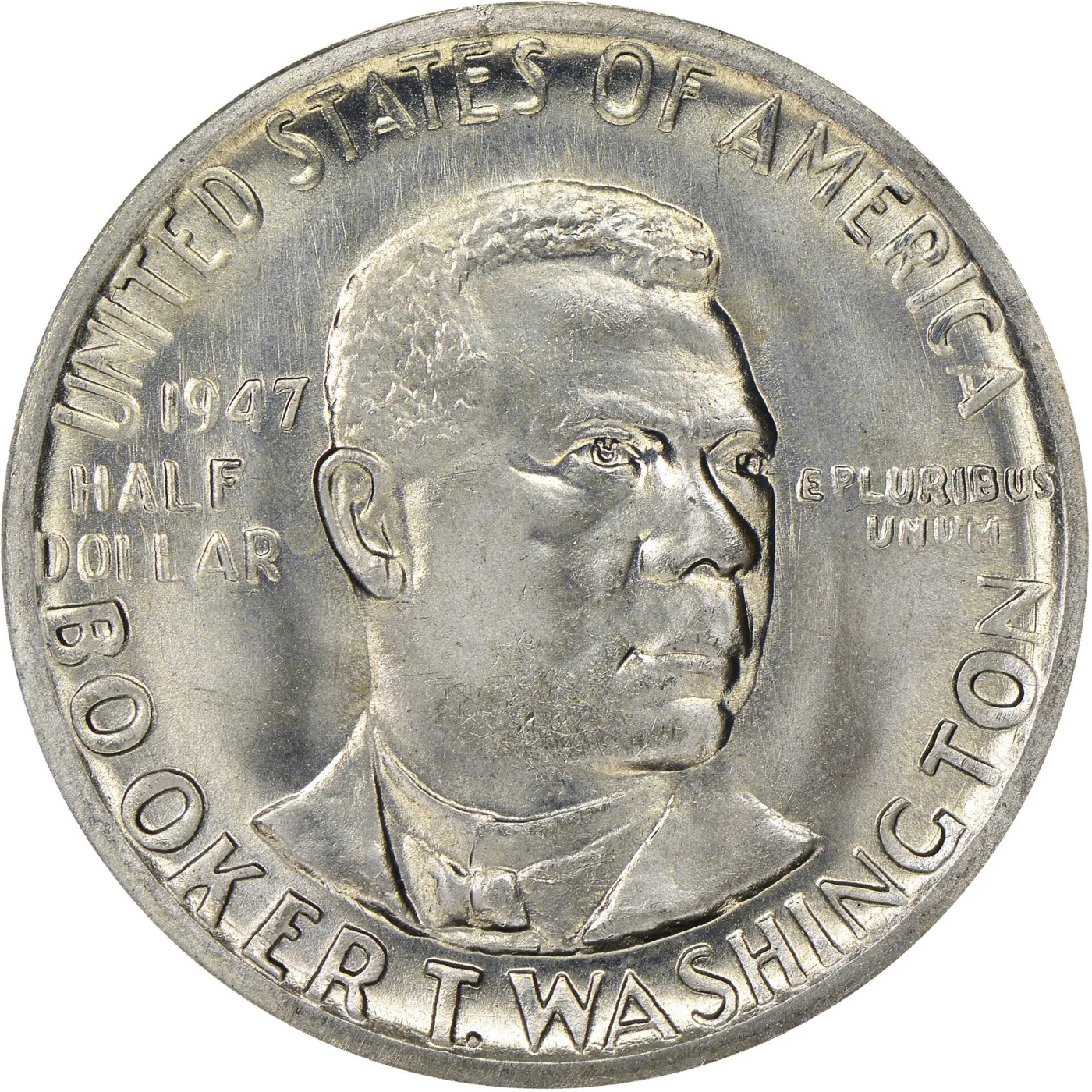 Obverse of a 1947 Booker T Washington Memorial half dollar showing a bust of Booker T Washington facing right