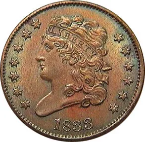 Obverse of an 1833 Classic Head half cent with sharp hair curls, a fully legible LIBERTY headband and the date 1833 below