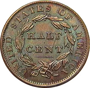 Reverse of an 1833 Classic Head half cent showing HALF CENT inside a fully struck wreath with clear leaf veins