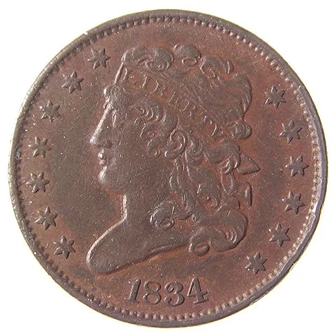 Obverse of a circulated 1834 Classic Head half cent, the LIBERTY headband readable but the hair curls flattened and the cheek smooth
