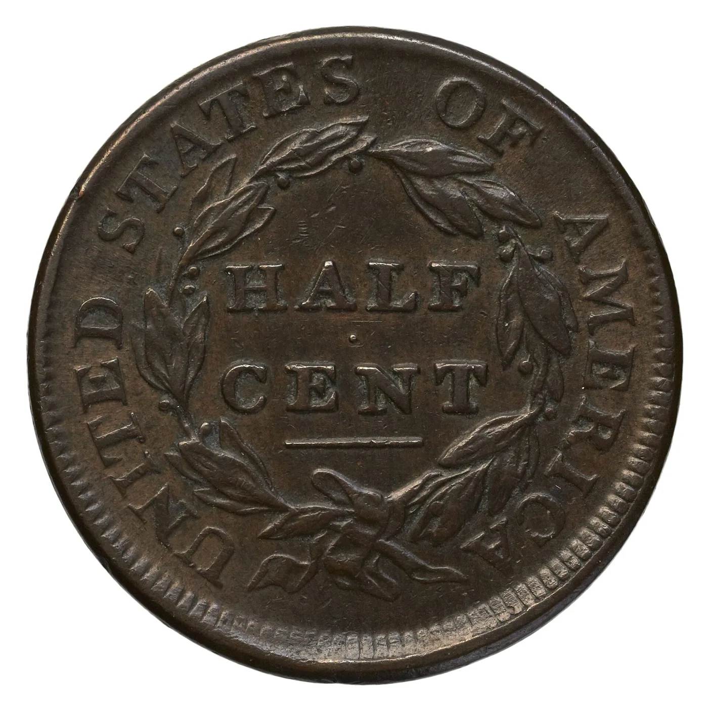 Reverse of an 1809 Classic Head half cent showing HALF CENT inside a wreath with a plain bar beneath and empty field below the ribbon bow where a fraction would sit
