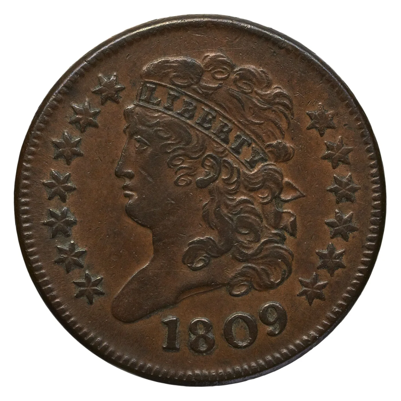 Obverse of an 1809 Classic Head half cent, Liberty facing left wearing a band inscribed LIBERTY across her forehead, thirteen stars around the border and the date 1809 below