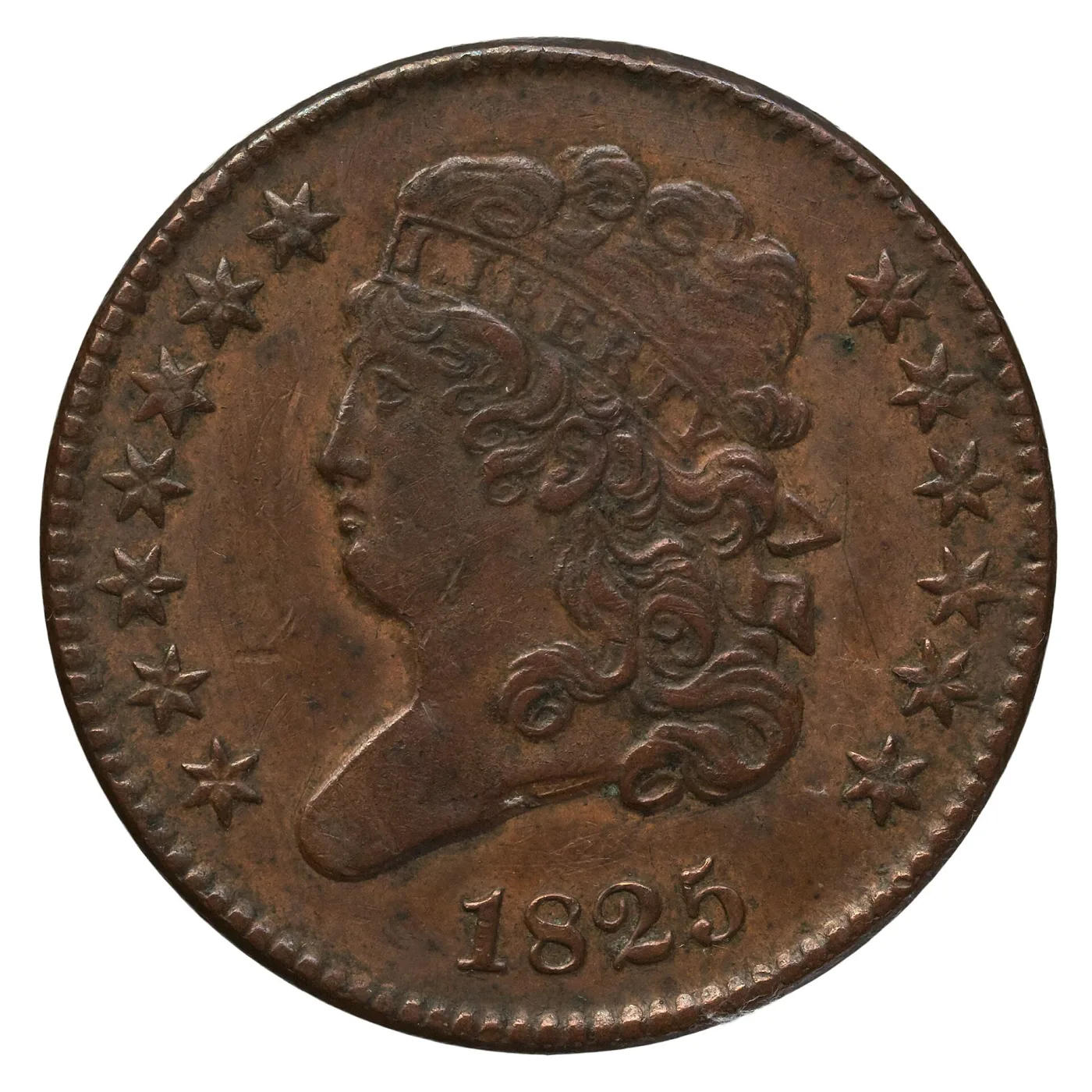 Obverse of an 1825 Classic Head half cent, LIBERTY headband readable, hair curls detailed, thirteen stars around the border and the date 1825 below